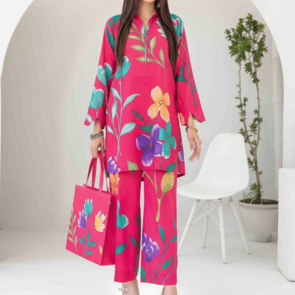 Tawakkal Stitched Digital Printed Swiss Shirt designs Stitched Digital Printed Swiss Voil Trouser with Complimentary Printed HandBag