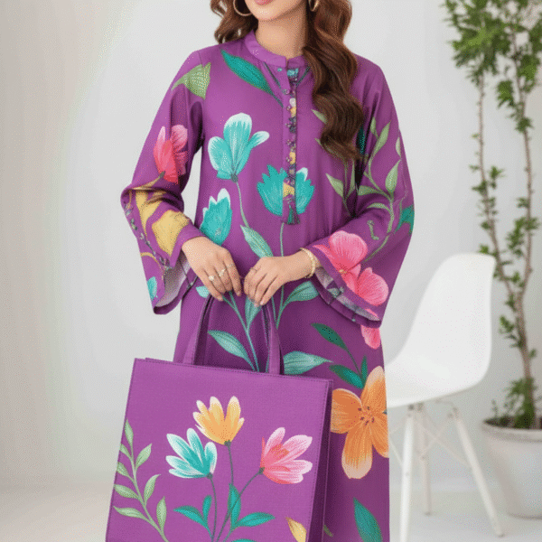 Tawakkal Stitched Digital Printed Swiss Shirt designs Stitched Digital Printed Swiss Voil Trouser with Complimentary Printed HandBag