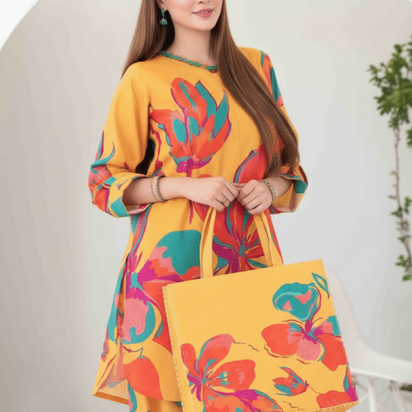 Tawakkal Stitched Digital Printed Swiss Shirt designs Stitched Digital Printed Swiss Voil Trouser with Complimentary Printed HandBag