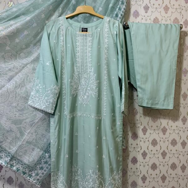 Baba Posh Slub Linen 3-Piece | Embroidered Shirt + Soft Doria Dupatta