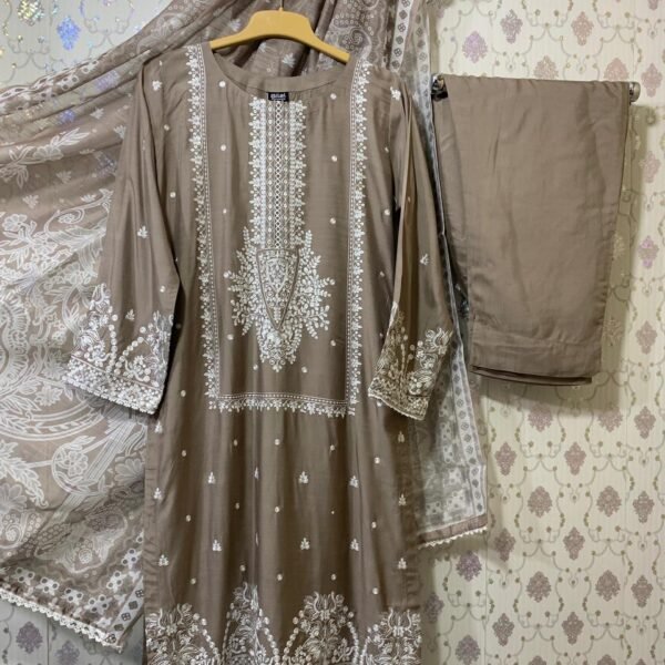 Baba Posh Slub Linen 3-Piece | Embroidered Shirt + Soft Doria Dupatta